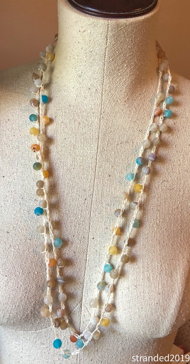 Long Crocheted Necklace with Multi-Colored Agate Beads