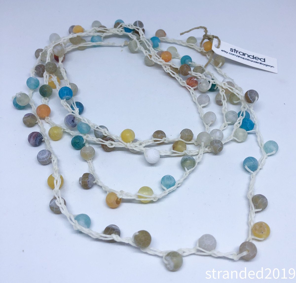 Long Crocheted Necklace with Multi-Colored Agate Beads