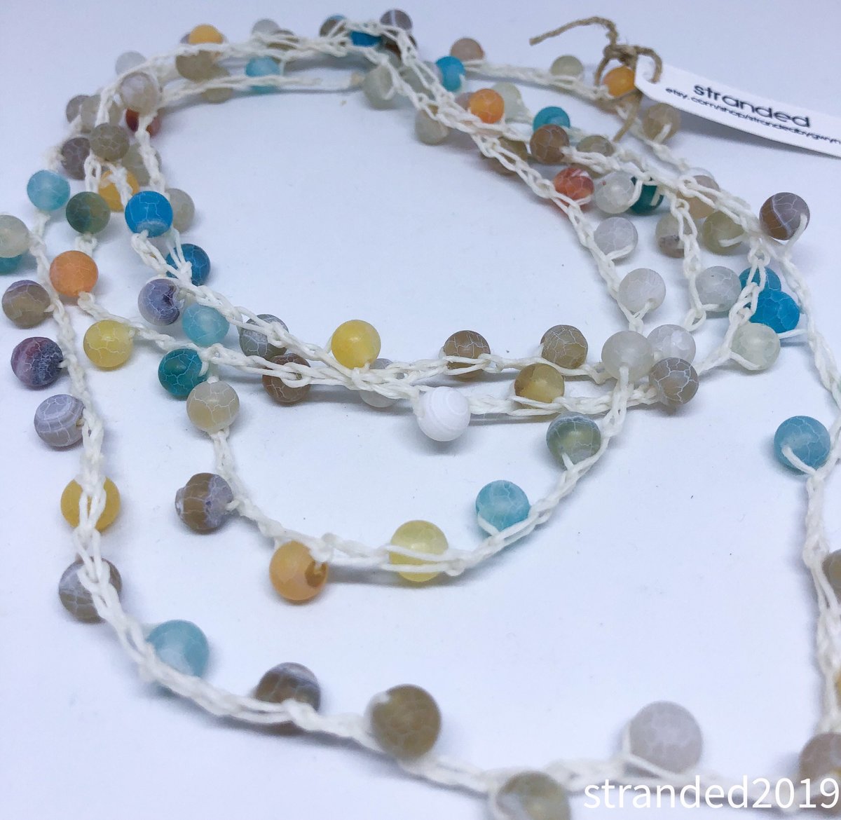 Long Crocheted Necklace with Multi-Colored Agate Beads
