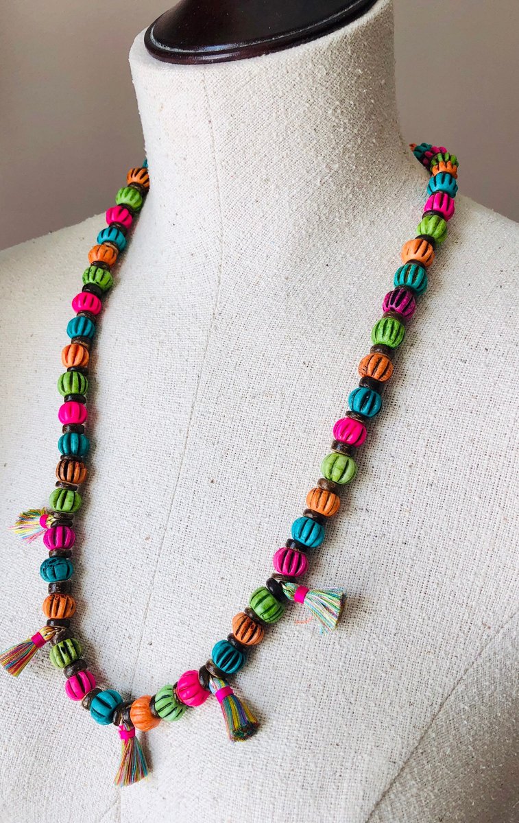 Colorful Bone Bead and Tassel Necklace