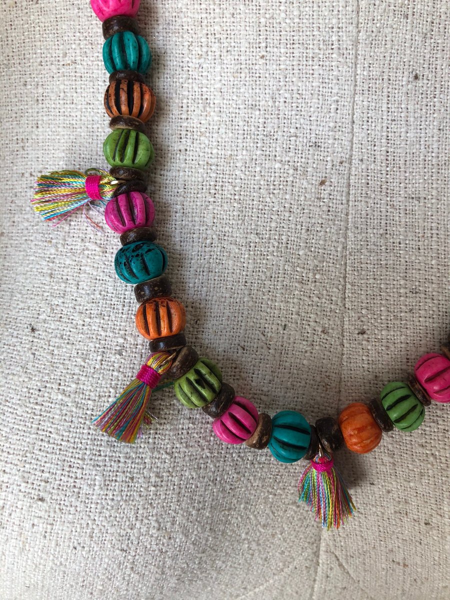 Colorful Bone Bead and Tassel Necklace