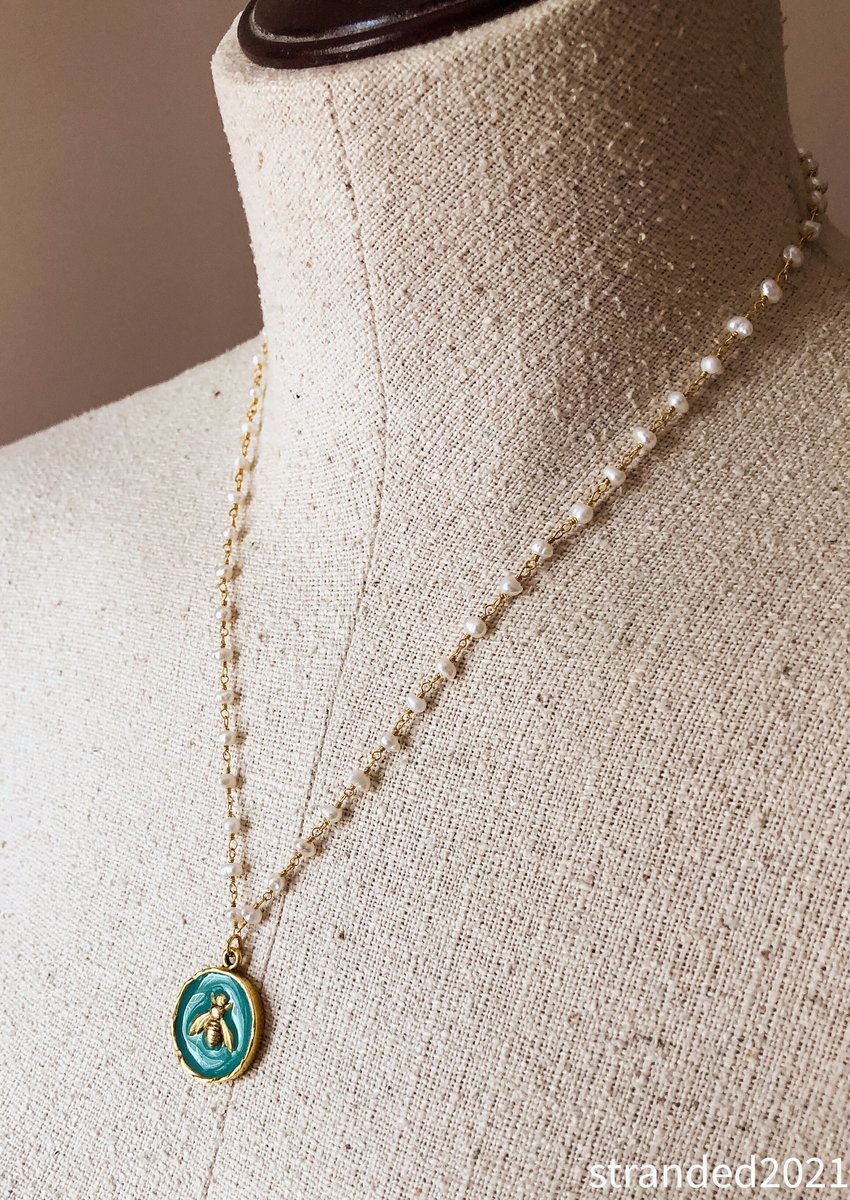 Teal Bee Charm and Freshwater Pearl Necklace