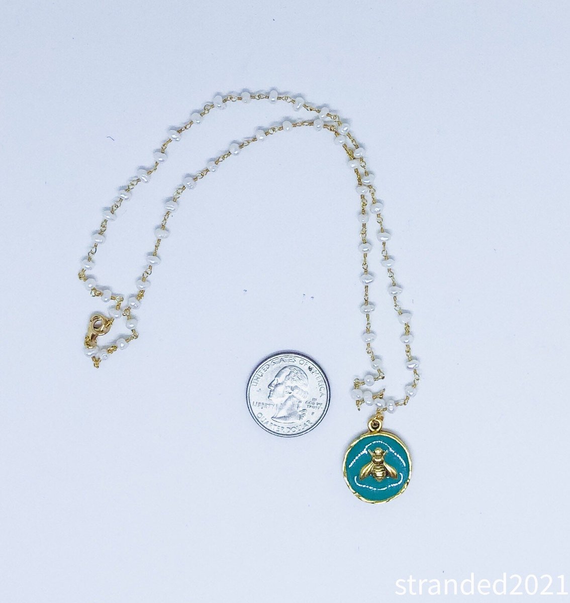 Teal Bee Charm and Freshwater Pearl Necklace