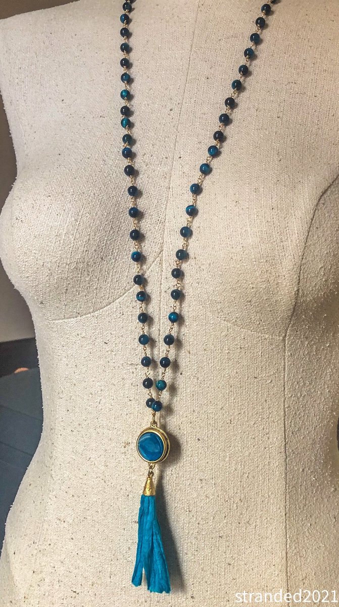 Sapphire Blue Resin and Tiger’s Eye Long Necklace
