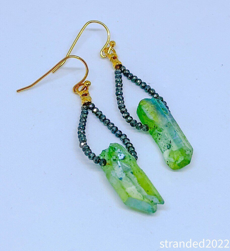 Lime Green Quartz Spike and Pyrite Earrings