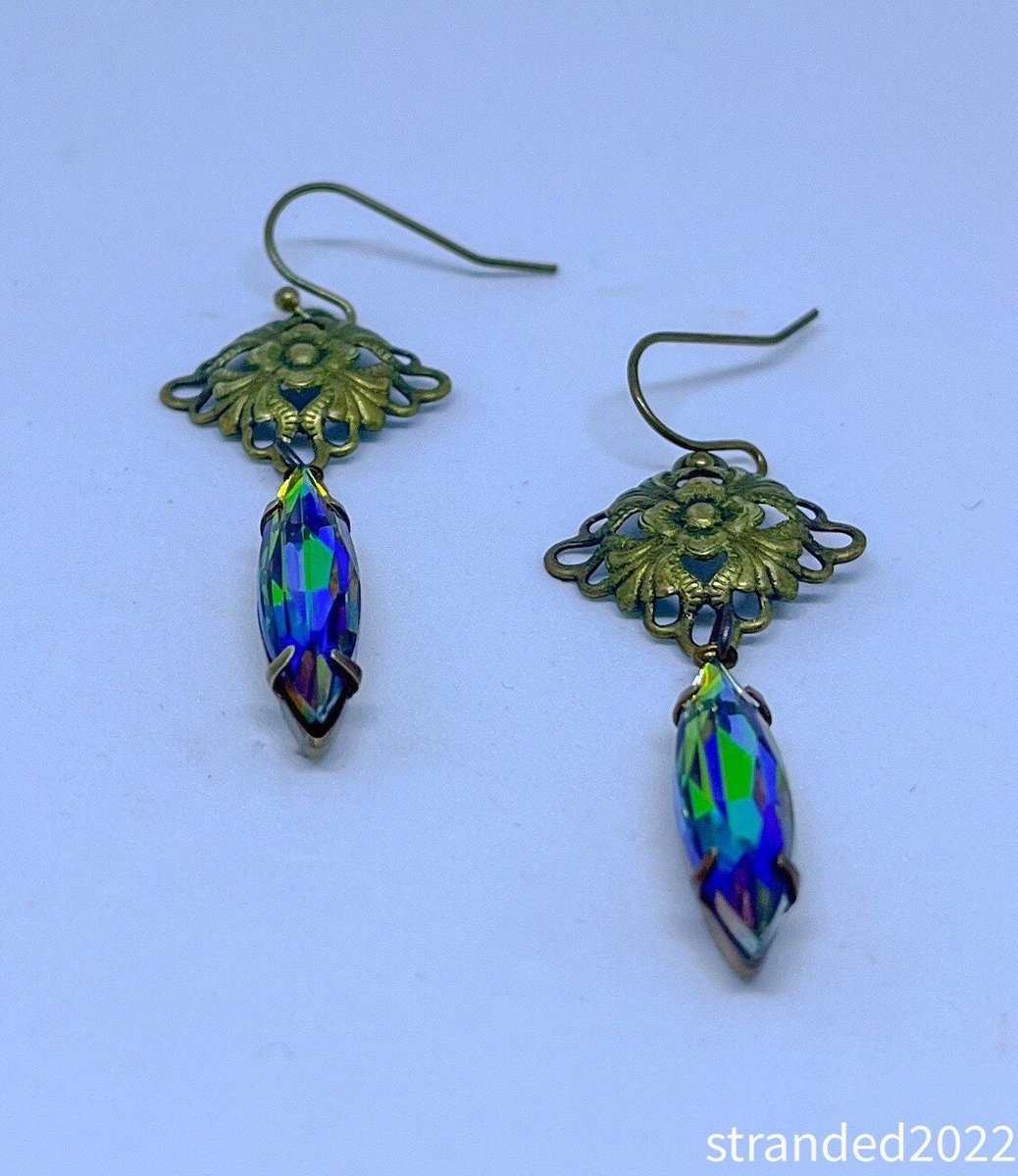 Vintage Green Crystal and Brass Drop Earrings
