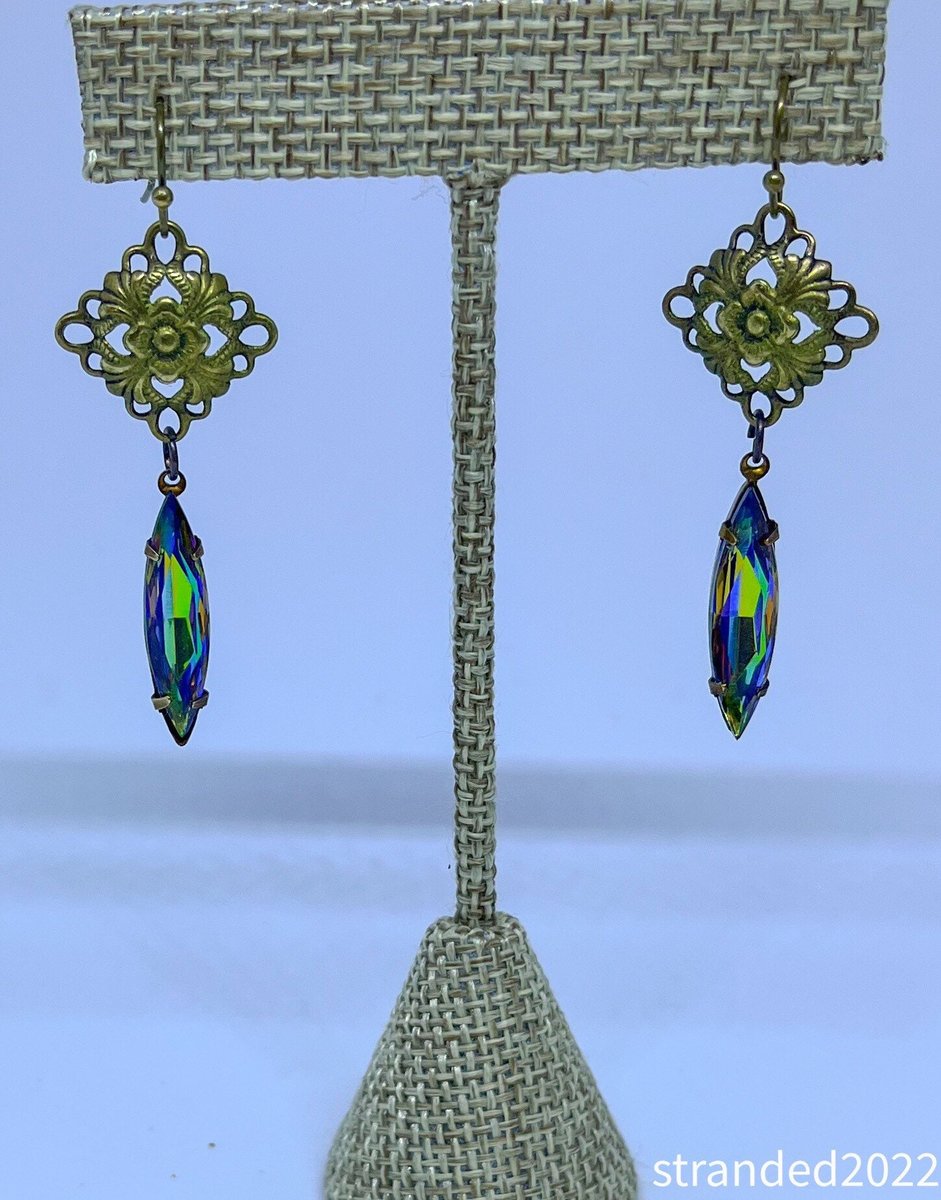 Vintage Green Crystal and Brass Drop Earrings