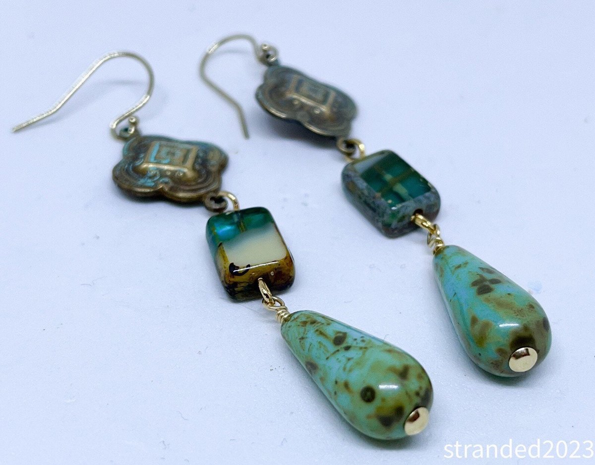Antique Brass and Czech Glass Earrings