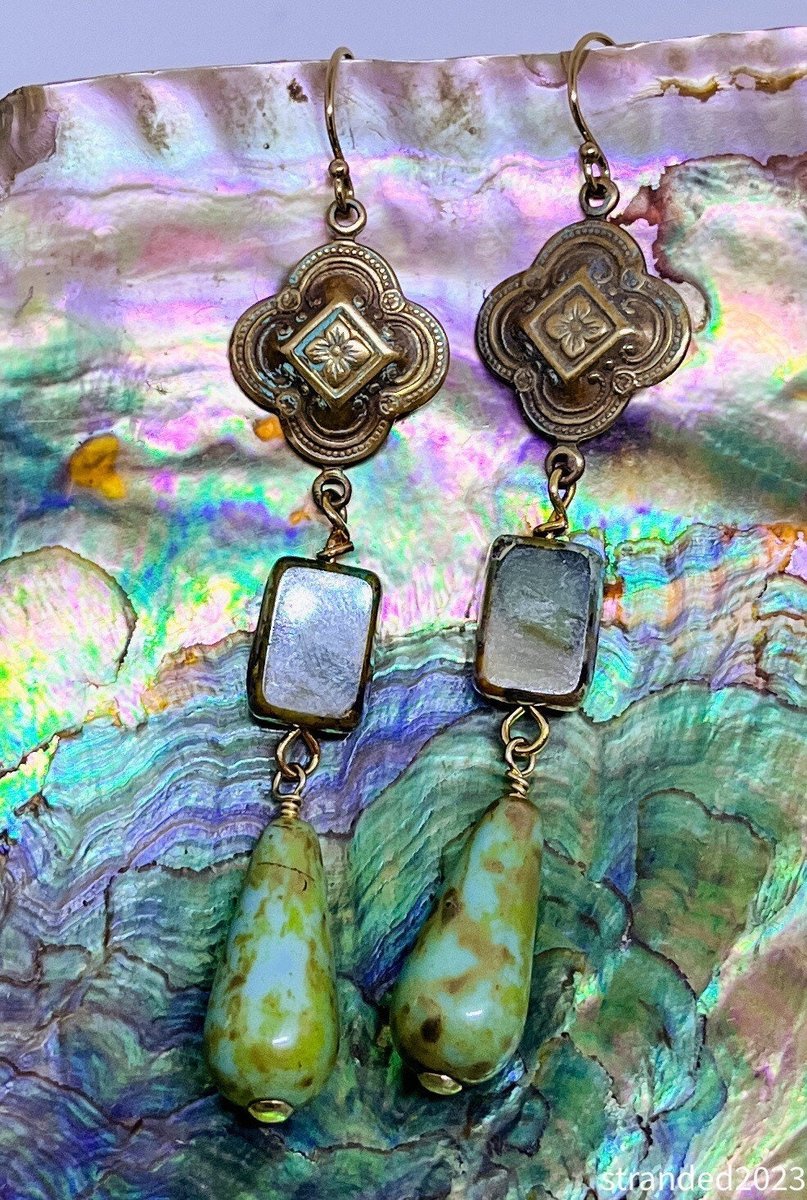 Antique Brass and Czech Glass Earrings