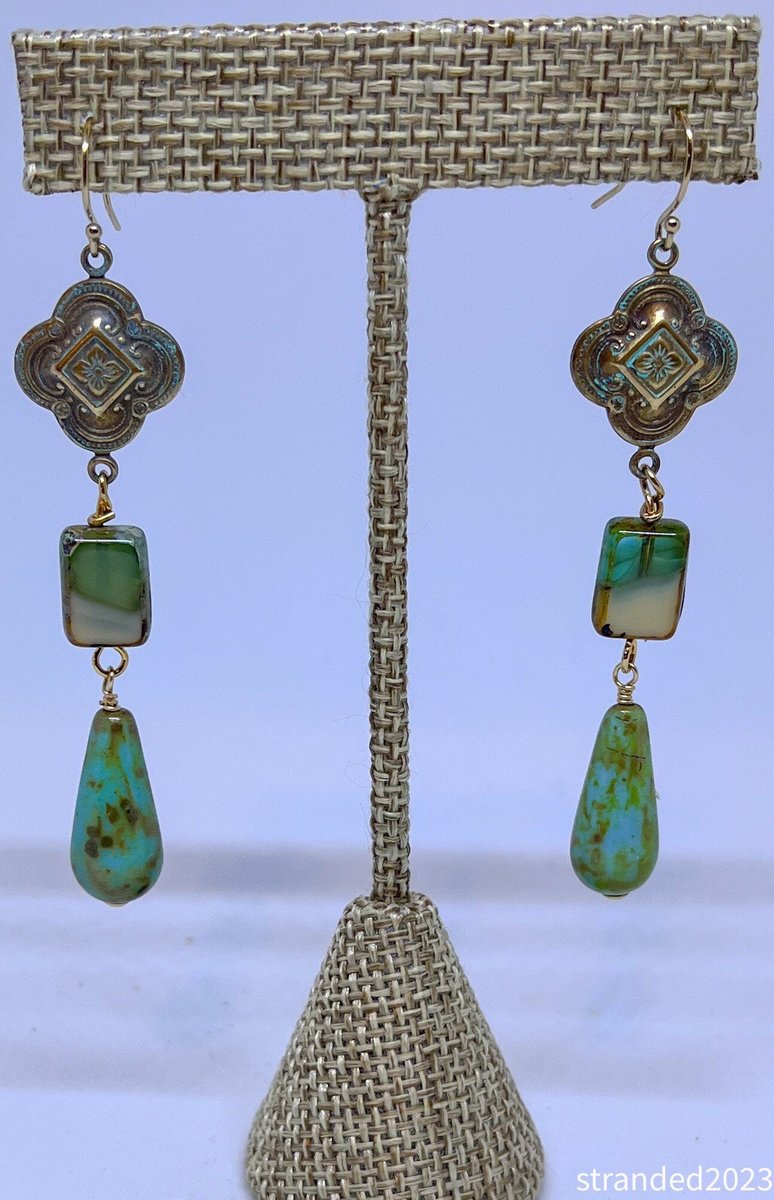 Antique Brass and Czech Glass Earrings