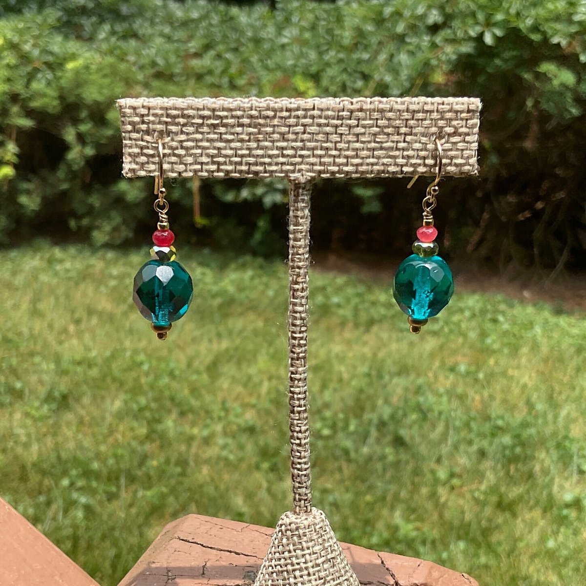 Teal Czech Glass and Quartz Earrings