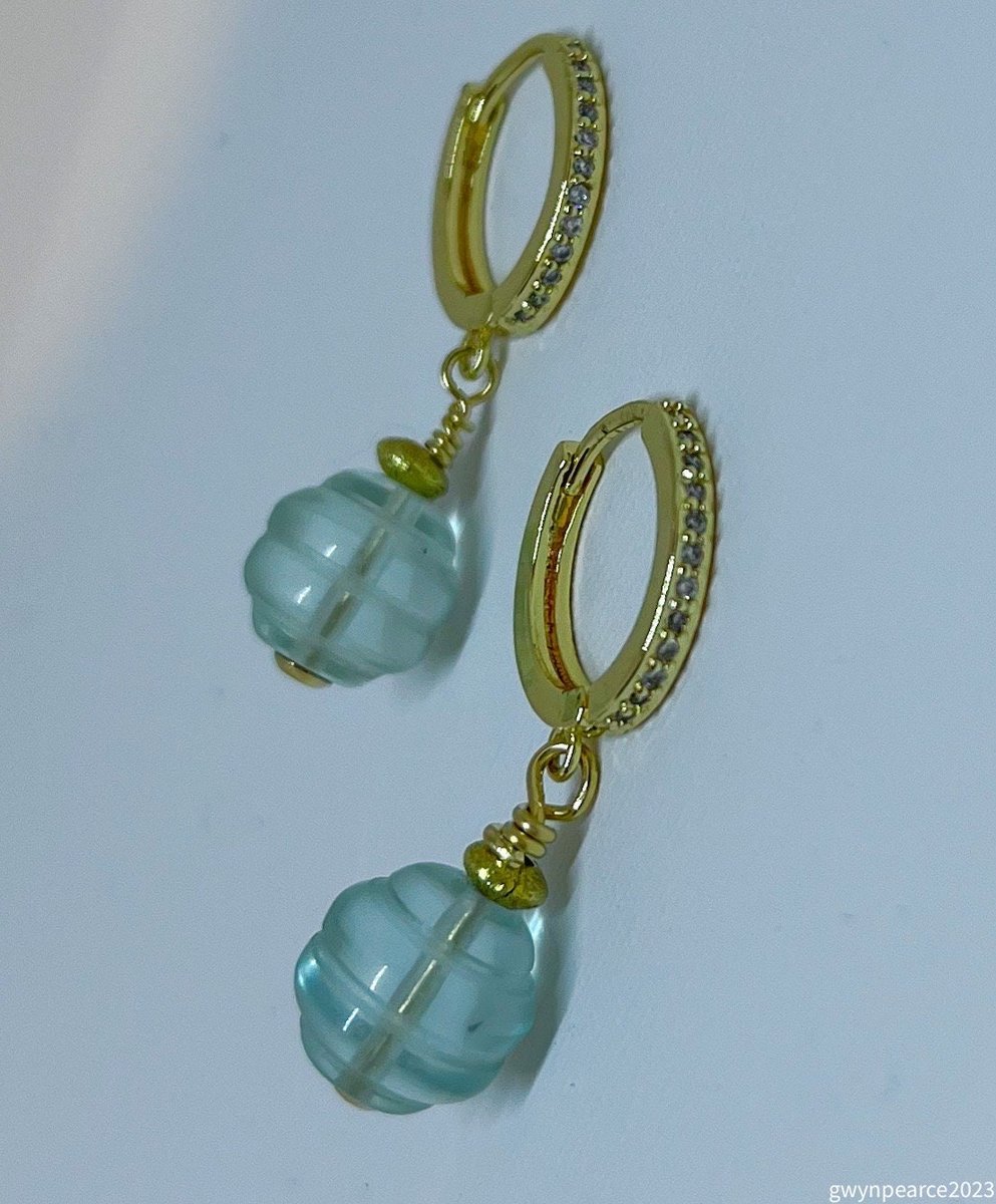 Carved Aquamarine and CZ Earrings