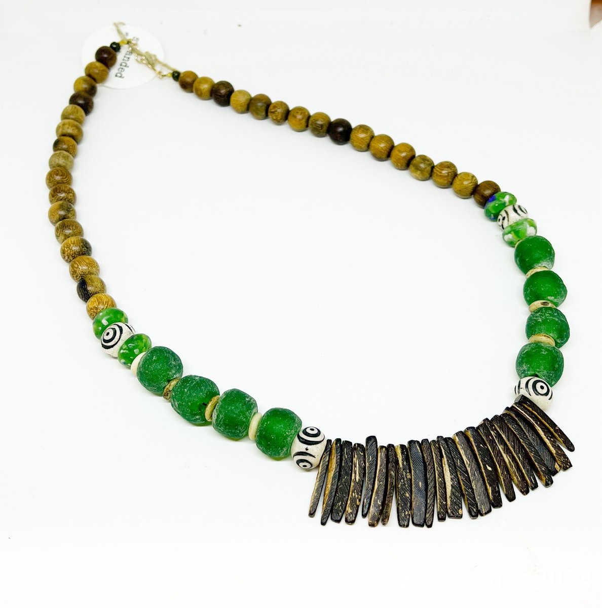 Green Trade Bead and Wood Necklace