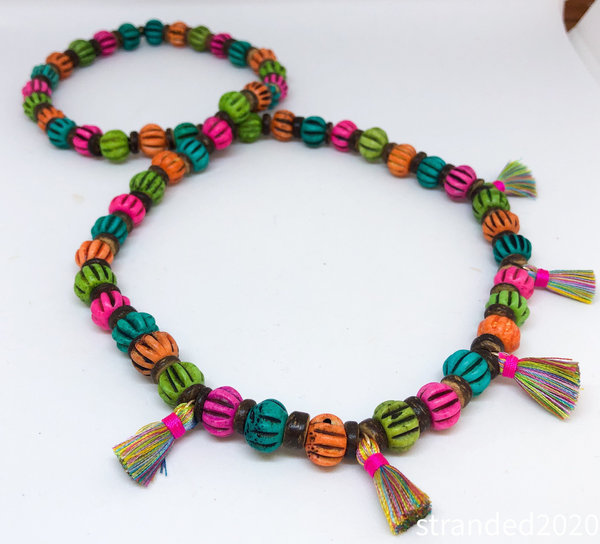 Colorful Bone Bead and Tassel Necklace