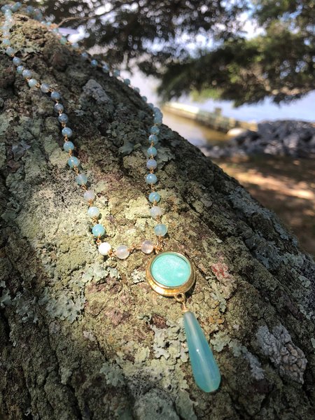 Opalescent Bezel, Calcedony, and Agate Pendant Necklace