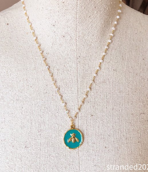 Teal Bee Charm and Freshwater Pearl Necklace