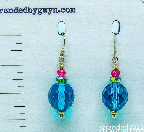 Teal Czech Glass and Quartz Earrings