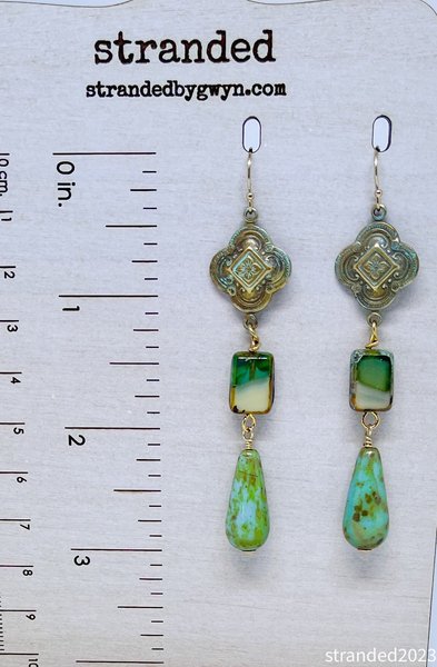 Antique Brass and Czech Glass Earrings