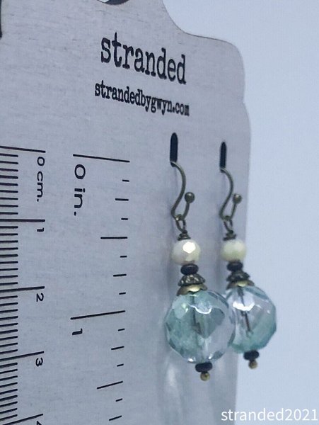 Aqua Czech Glass and Antique Brass Dangle Earrings