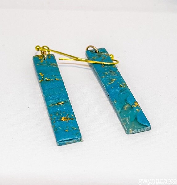 Faux Turquoise Modern Polymer Clay Stick Earrings (Gold)