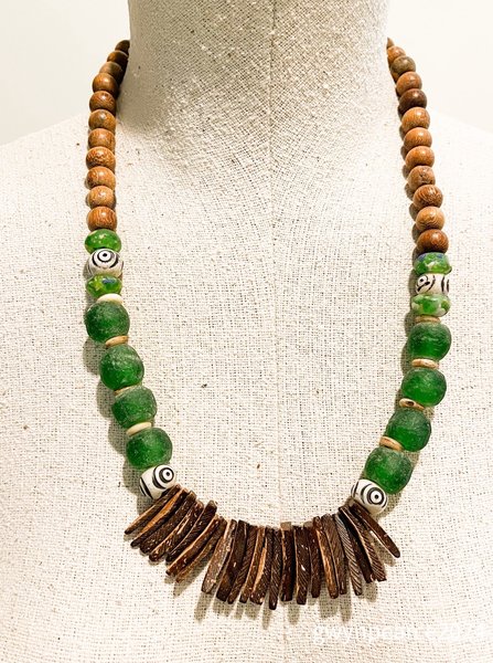 Green Trade Bead and Wood Necklace